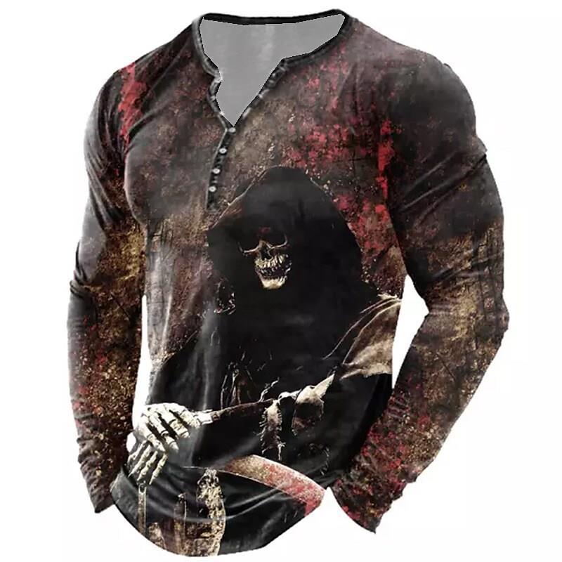 European And American Vintage Print Seven Button Open Placket Skull Long Sleeve T-shirt