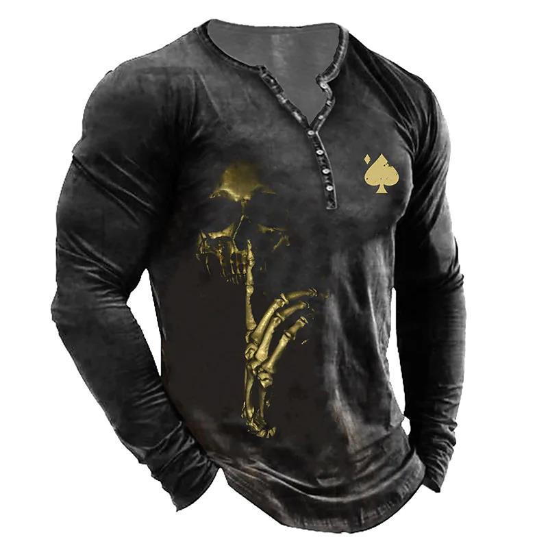 European And American Vintage Print Seven Button Open Placket Skull Long Sleeve T-shirt