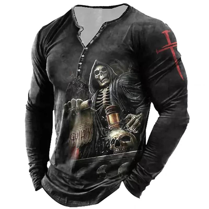 European And American Vintage Print Seven Button Open Placket Skull Long Sleeve T-shirt