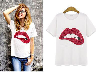 new style fast selling, summer, Europe and America, wind and pearl printing mouth pattern, T-shirt, women's clothing