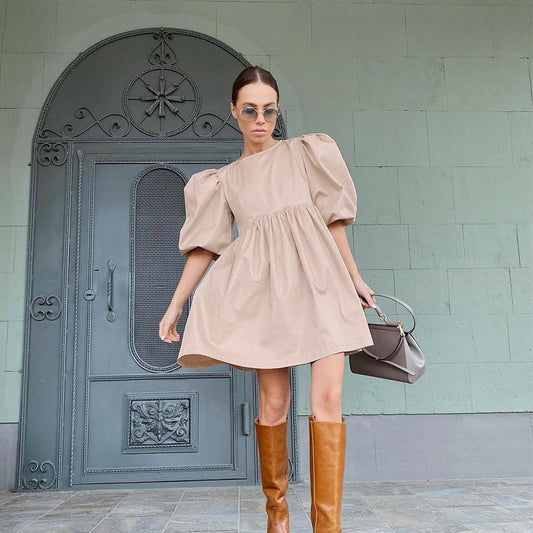 Spring And Summer New Arrivals European And American Commuter Temperament Puff Sleeve Round Neck Five-Point Sleeve Cotton Loose Dress Women's Clothing