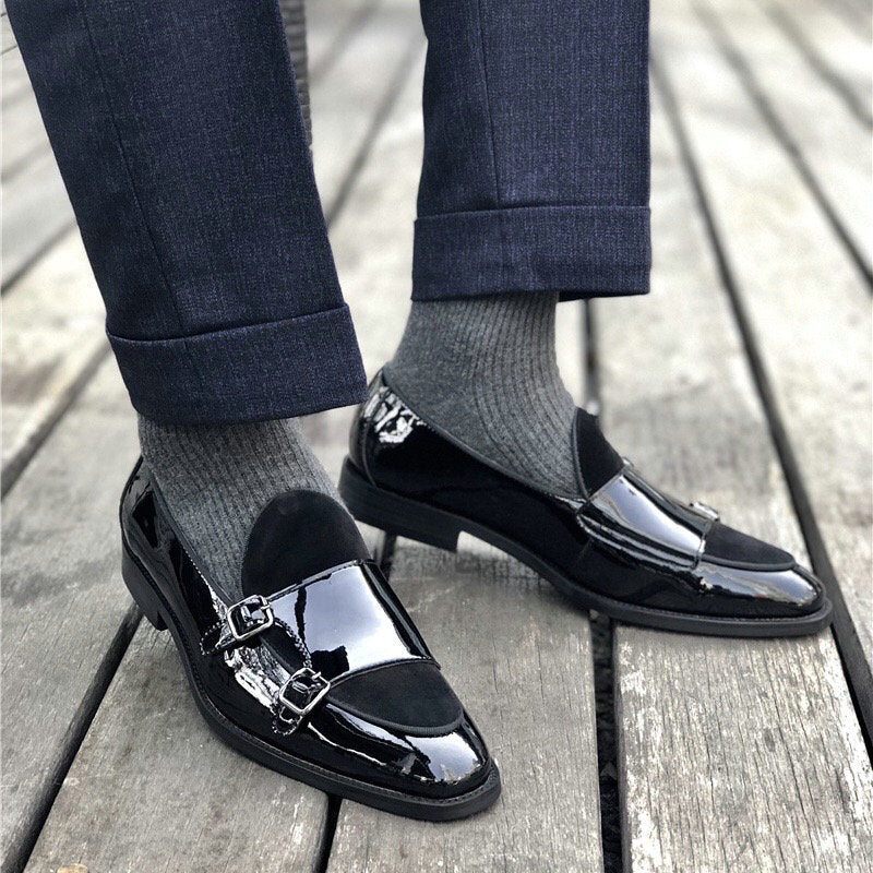 Black Buckle Monk Shoes Leather Low-Cut Loafer Cover Foot Lazy Pointy Pedal Leather Shoes Men