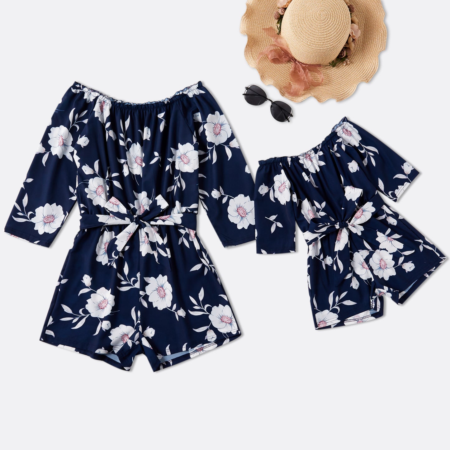 Foreign Trade Europe And America Parent-Child Jumpsuit Leaf Parent-Child Clothing Dark Blue Floral Print Parent-Child Jumpsuit YY0009