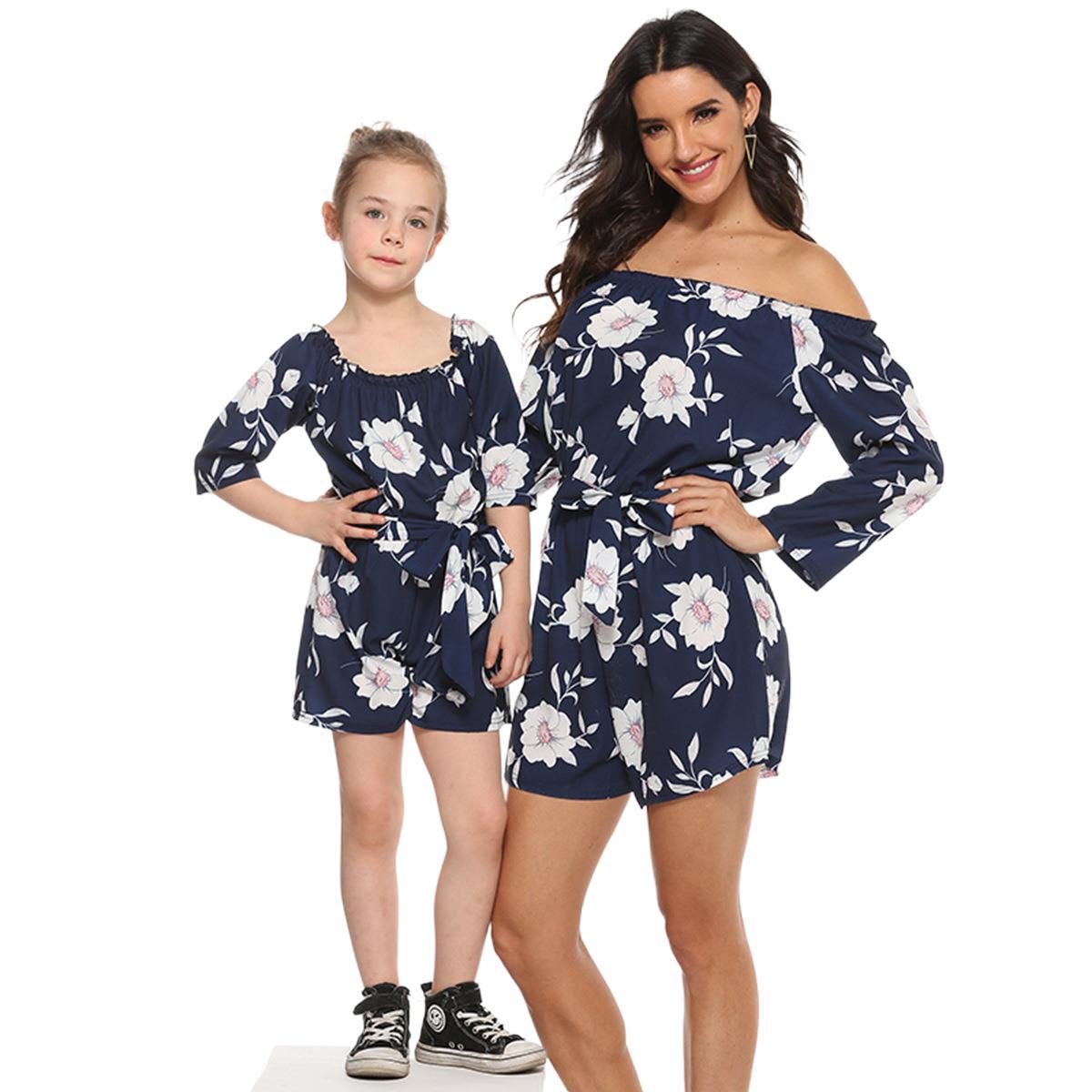 Foreign Trade Europe And America Parent-Child Jumpsuit Leaf Parent-Child Clothing Dark Blue Floral Print Parent-Child Jumpsuit YY0009