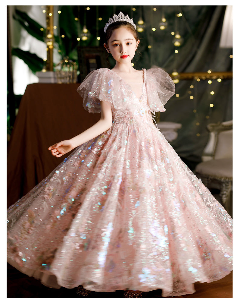 Girls' Dresses, Couture Little Girls, 10-Year-Old Princess Dress, Sequins, Host Catwalk Show, Piano Performance Clothing, Children