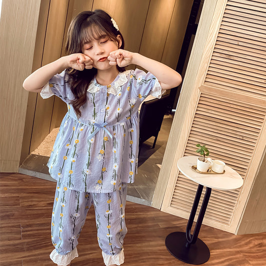 Home Wear Short-sleeved Cotton Air-conditioned Pajamas For Little Girls