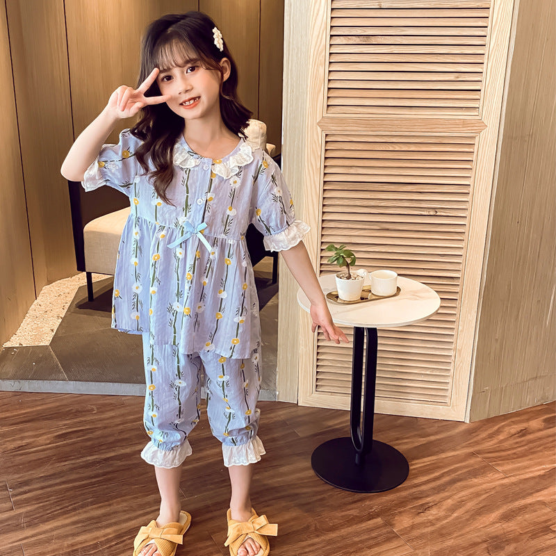 Home Wear Short-sleeved Cotton Air-conditioned Pajamas For Little Girls