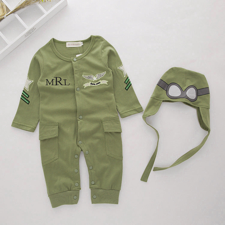 Boys' Long-sleeved Infant Children's Wear Aviator Jumpsuit Army Green Hooded Romper