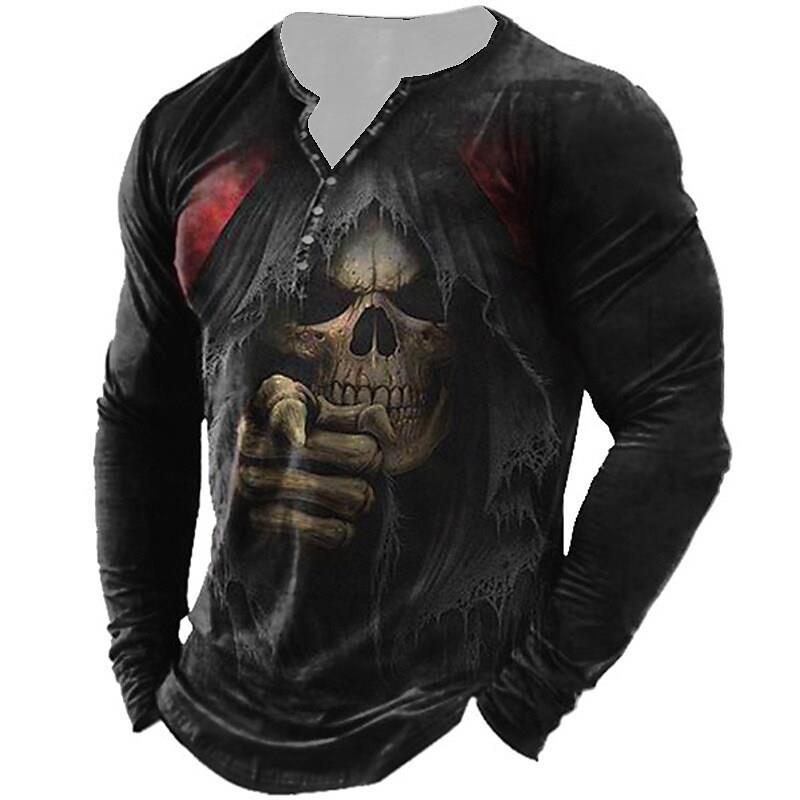 European And American Vintage Print Seven Button Open Placket Skull Long Sleeve T-shirt