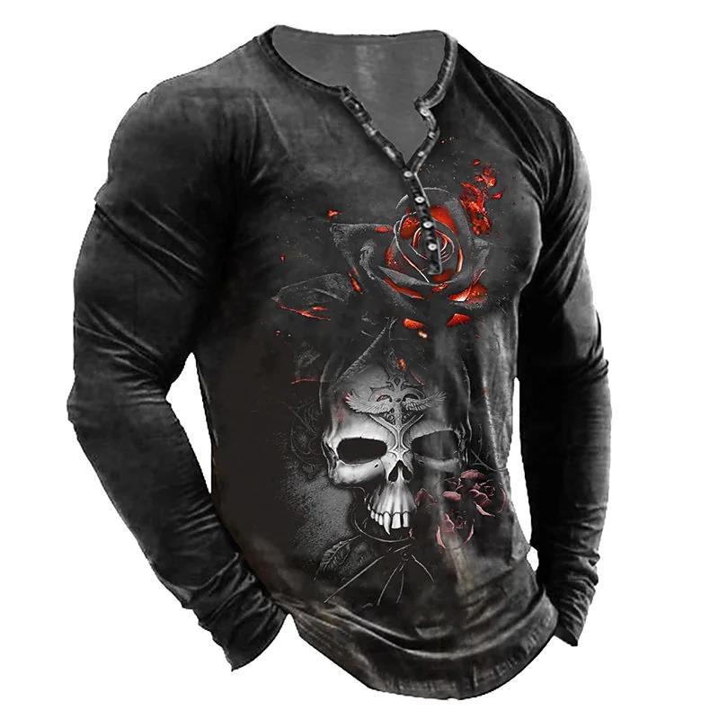 European And American Vintage Print Seven Button Open Placket Skull Long Sleeve T-shirt