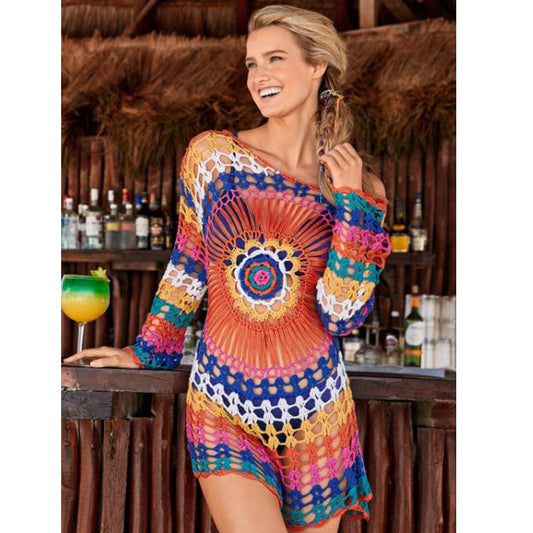 Europe and the United States hook flower hollow blouse beach knit blouse long-sleeved holiday wear bikini rainbow sun protection clothing