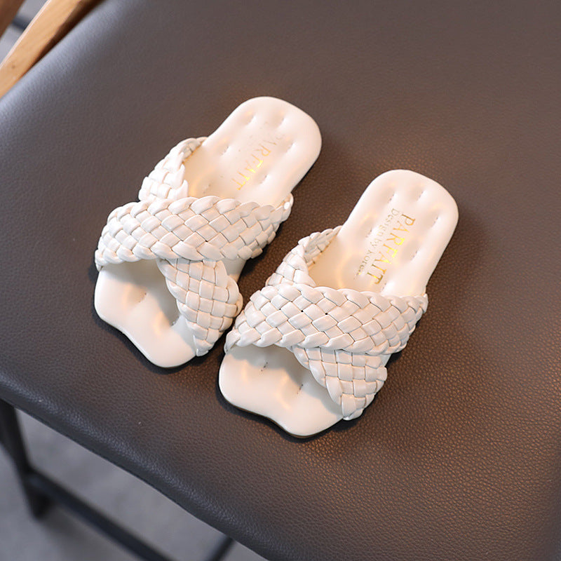 Little Girls Wear Children's Sandals With Soft Soles Outside Their Homes