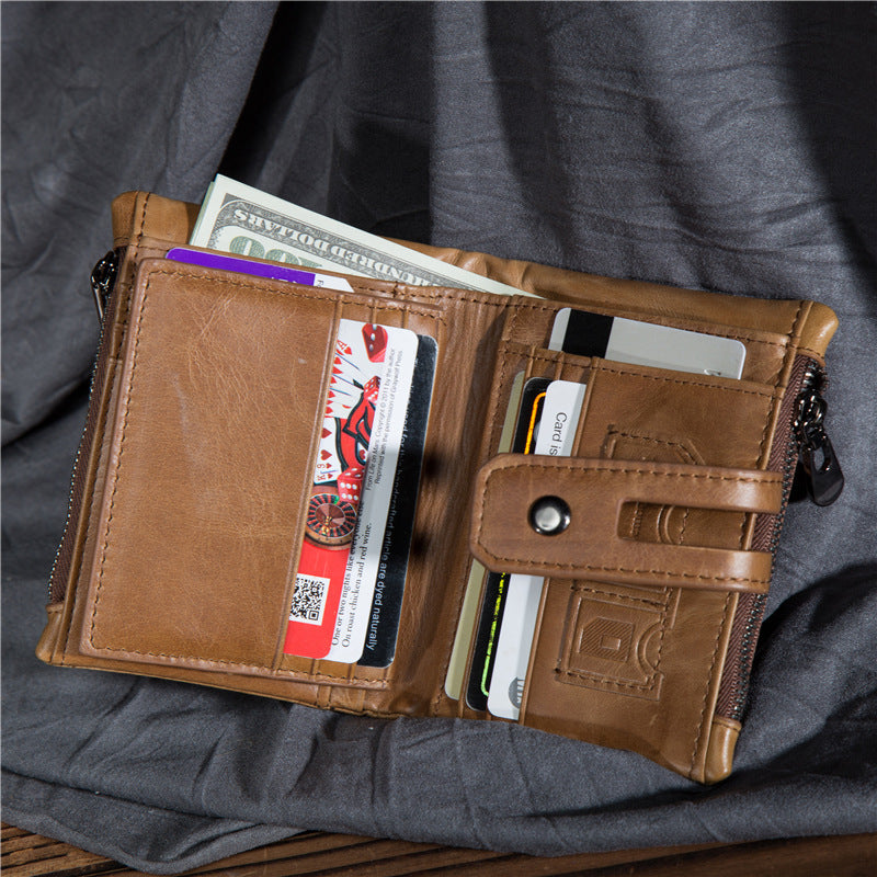 Oil Wax Leather Wallet Anti-Theft Short Men's Wallet Double Zipper Large Capacity Wallet