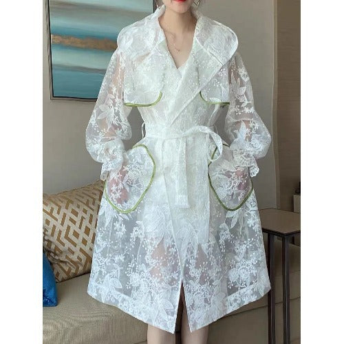 Lace Trench Coat New Style Hooded Embroidery Lantern Sleeve Over The Knee Coat Mid-length Sun Protection Clothing