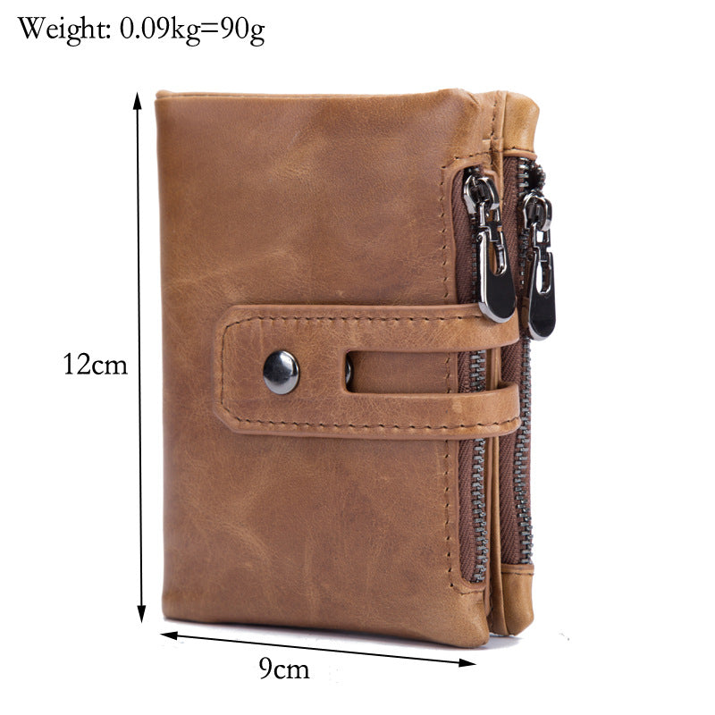 Oil Wax Leather Wallet Anti-Theft Short Men's Wallet Double Zipper Large Capacity Wallet