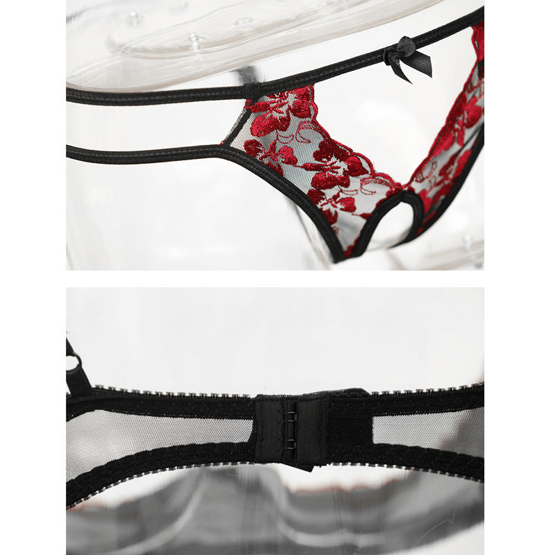 Embroidered Rose Pattern Bra Low Waist Panty Set