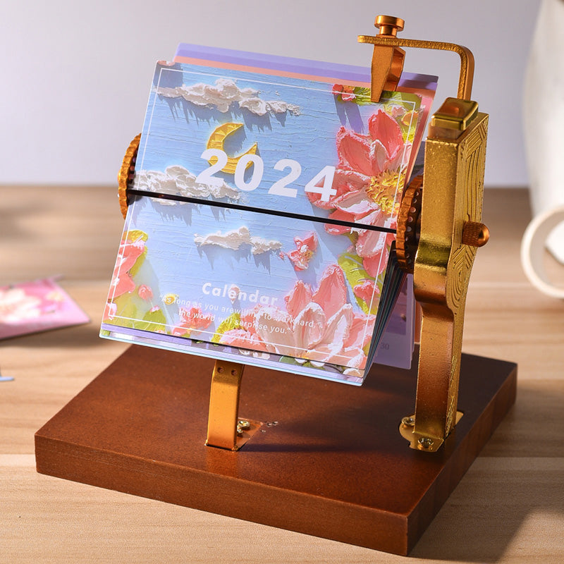 2024 Oil Painting Mechanical Calendar Desktop Decoration