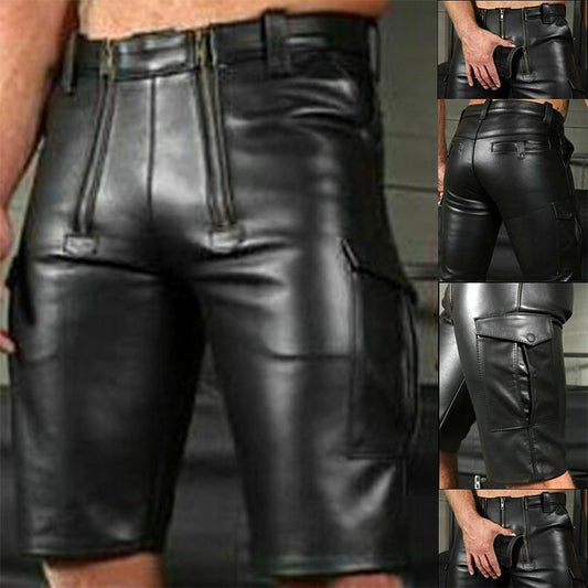 Men's Solid Color PU Casual Male Short Leather Pants