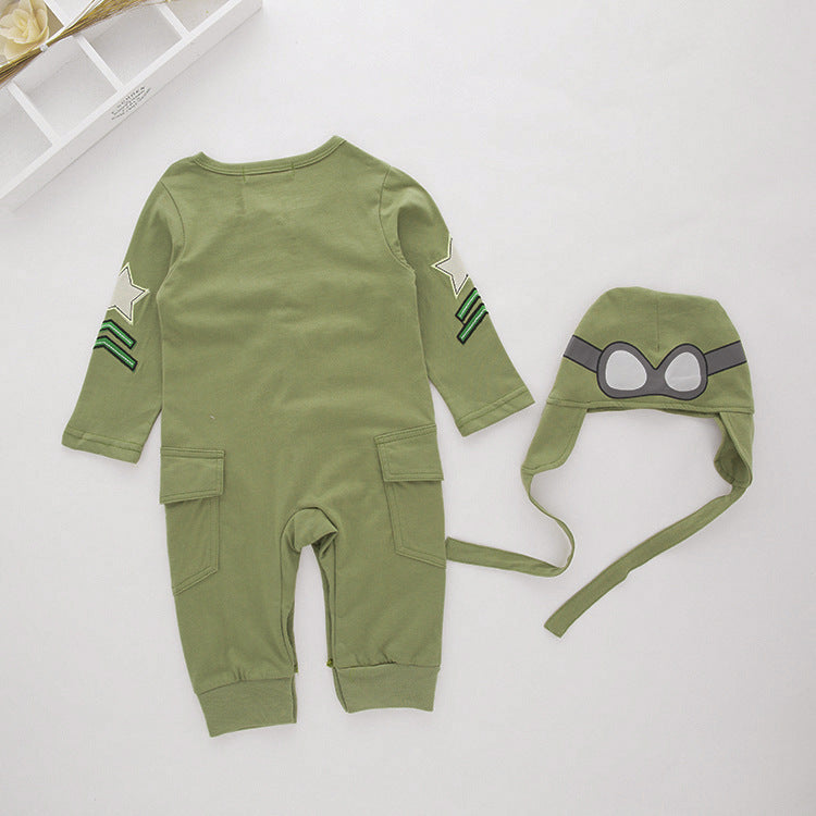 Boys' Long-sleeved Infant Children's Wear Aviator Jumpsuit Army Green Hooded Romper