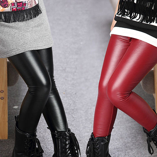Spring And Autumn Thin Girls' Faux Leather Leggings Slim Outer Wear PU Leather Pants