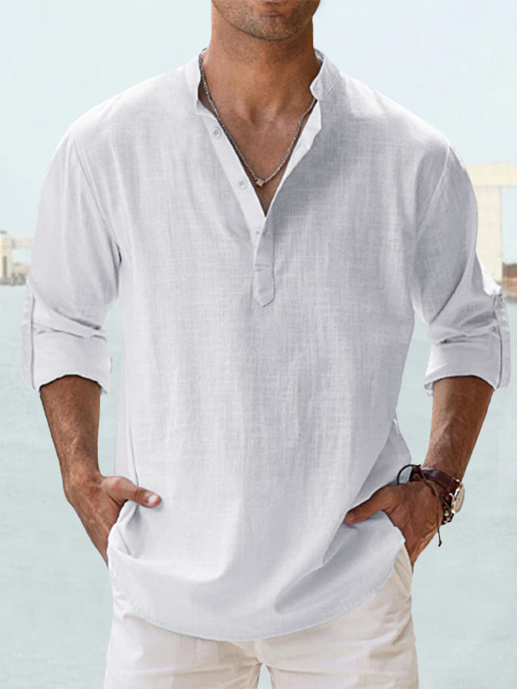 Men's Linen Stand-up Collar Long Sleeve Cotton Linen T-shirt