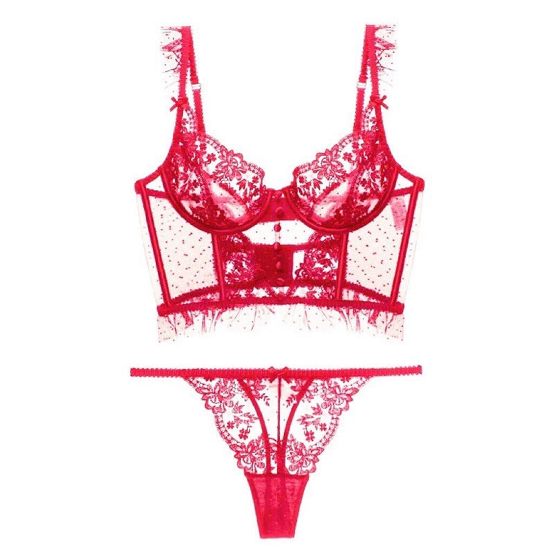 Gathering Beauty Back Sheer Embroidered Lace Bra Ladies Panty Set