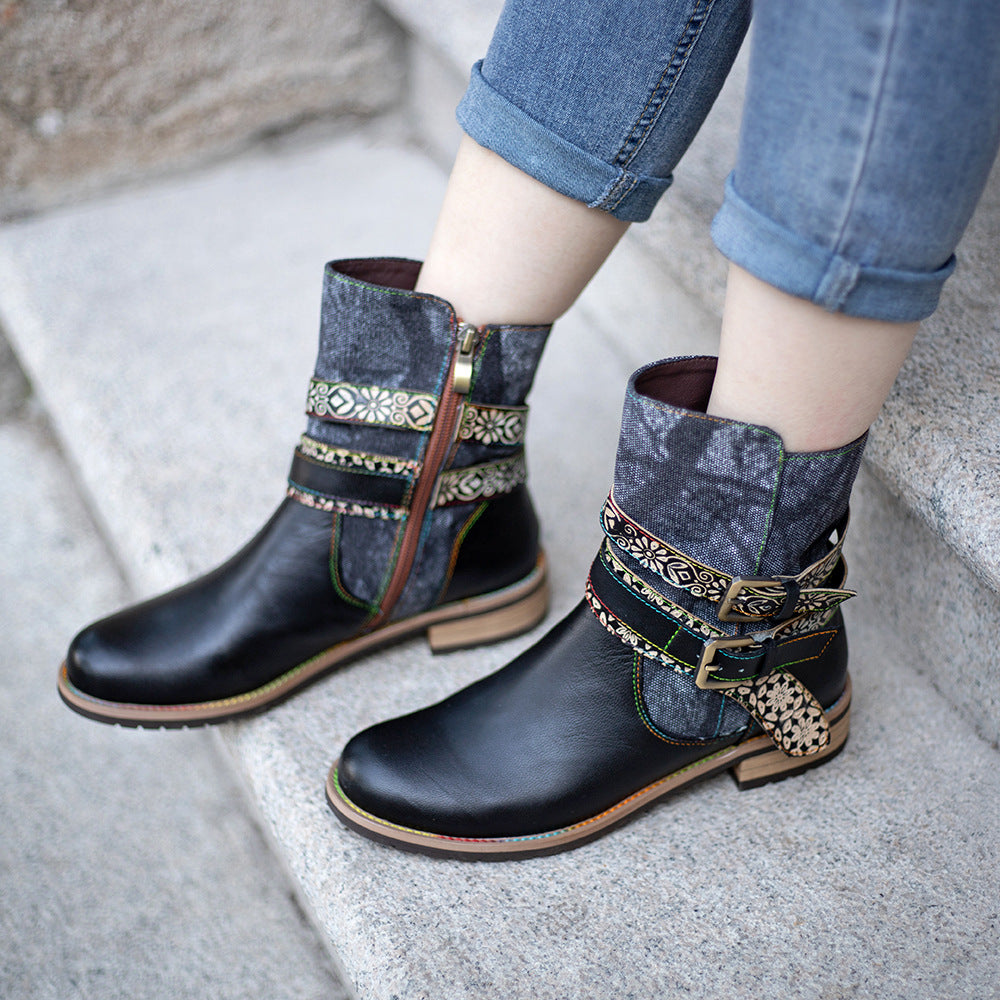 Large Size Round Toe Casual Retro Biker Flat Bottom Women's Boots