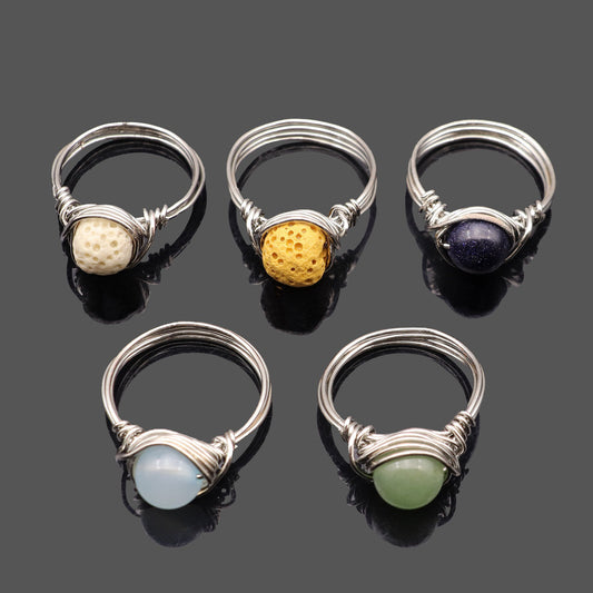 Pure Natural Gemstone Wire-wound Crystal Bead Ring