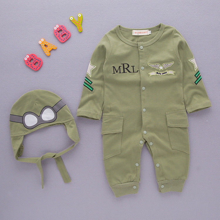 Boys' Long-sleeved Infant Children's Wear Aviator Jumpsuit Army Green Hooded Romper