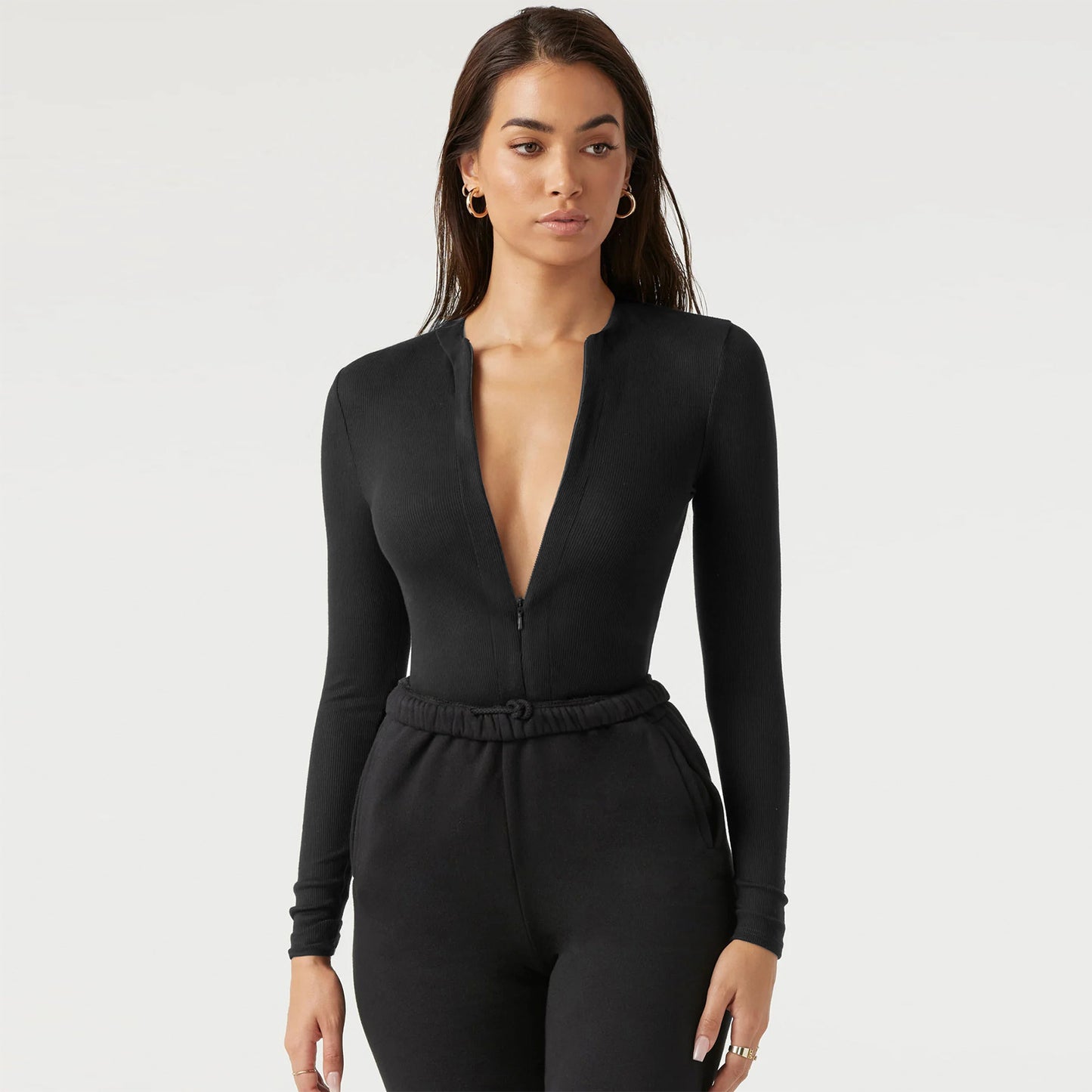 Long Sleeve Zipper Jumpsuit Fashion V-Neck Slim Fit Knitted  Corset Body Shaper Clothing For Dress Sports Yoga Romper