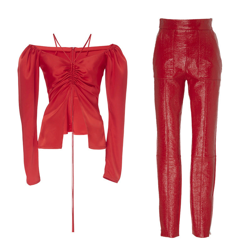 Women's Clothing Solid Color Long Sleeve Off-shoulder With Red Leather Pencil Pants High Waist Two-piece Suit