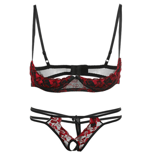 Embroidered Rose Pattern Bra Low Waist Panty Set