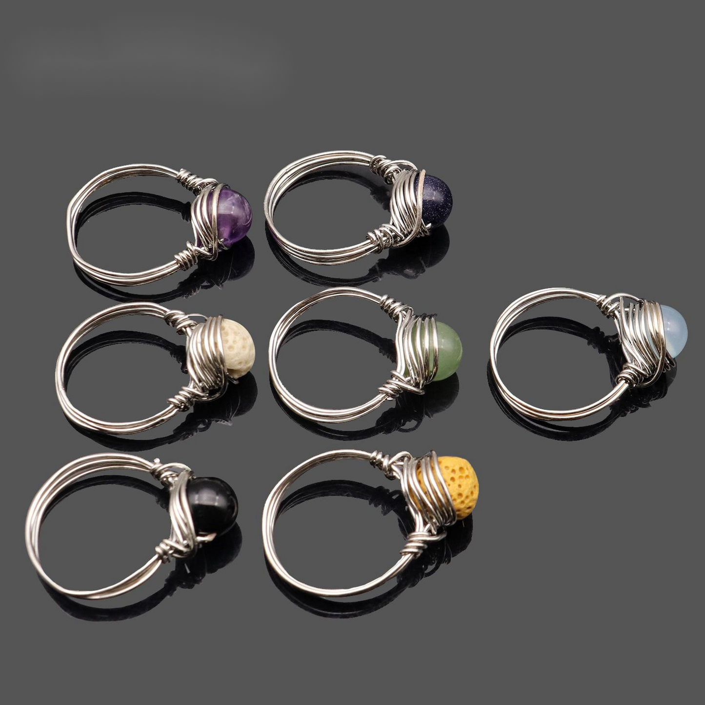 Pure Natural Gemstone Wire-wound Crystal Bead Ring