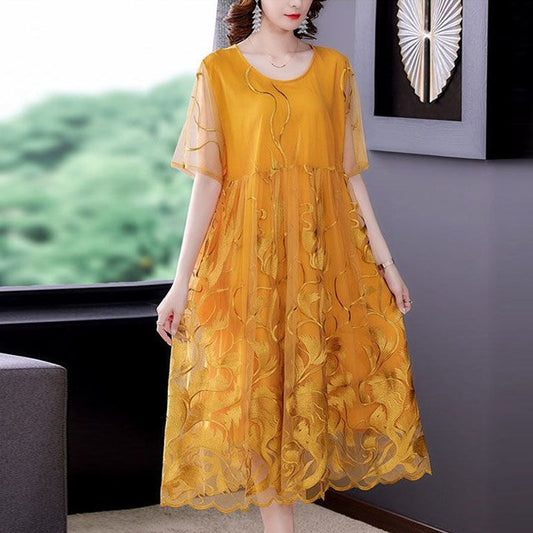 Machine Embroidery South Korea Mesh Embroidered Dress Mid-length Temperament Slimming Western Style Oversized Women's Clothing Fairy Skirt